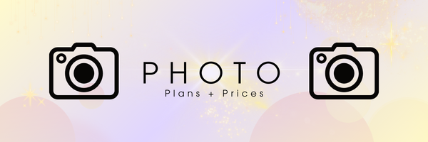 A digital graphic with a pastel-colored background featuring two camera icons on either side of the text 'PHOTO Plans + Prices'.