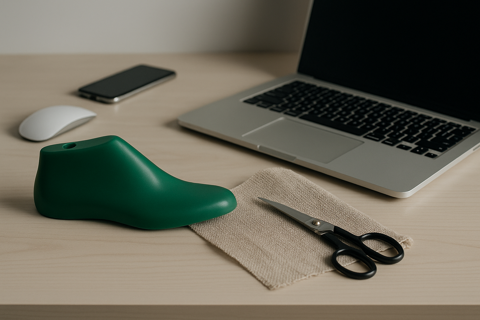 Bureau avec un tapis de coupe, des ciseaux, un ordinateur portable, une souris sans fil, un smartphone et un dispositif en forme de chaussure verte.