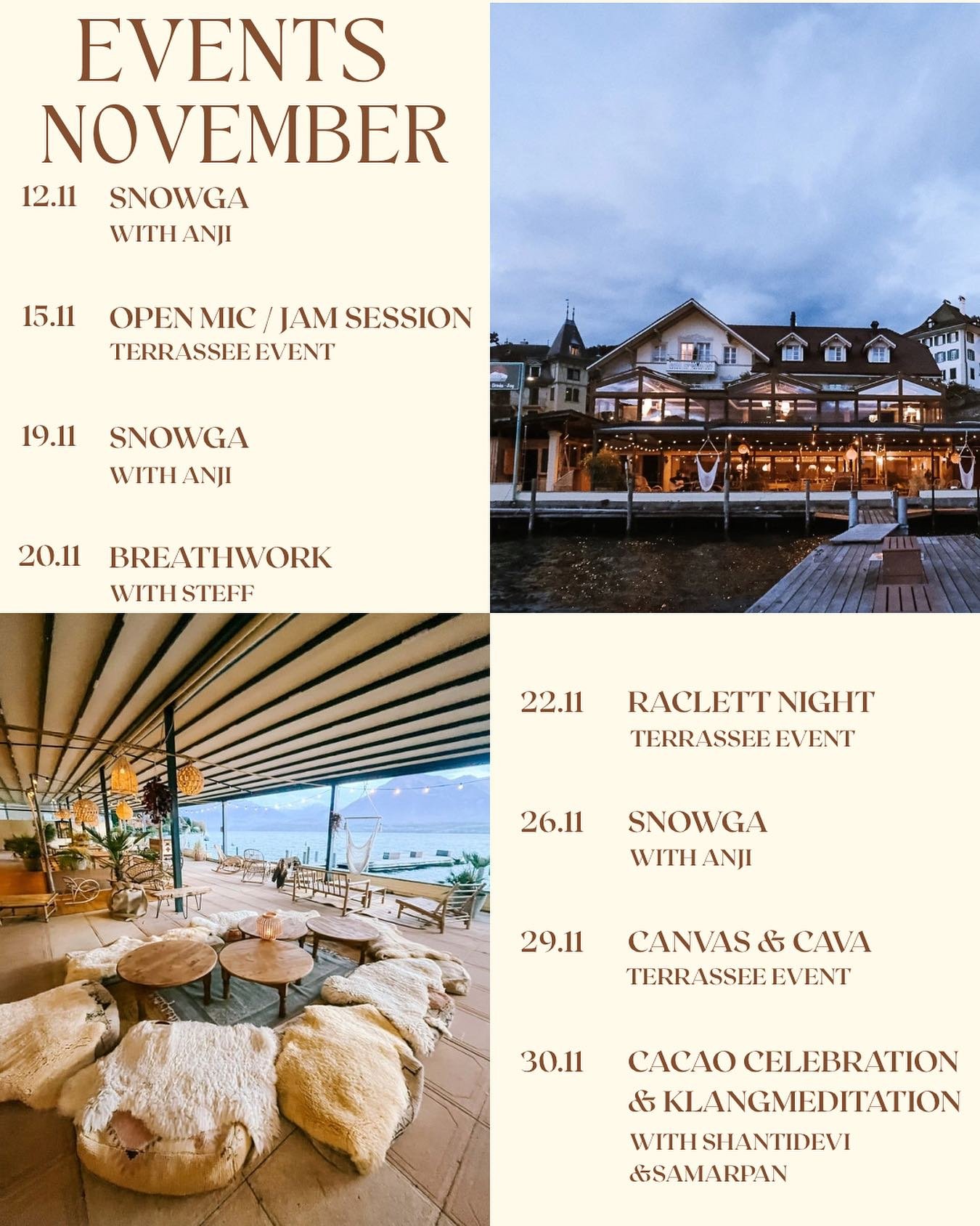 ✨ November Vibes at TerrasSee Winter Edition✨
As the days get cooler, our events will keep you cozy, inspired, and connected 🌙❄️

🧘&zwj;♀️ 12.11 &amp; 19.11 &amp; 26.11 &ndash; Snowga with Anji
Flow and breathe in the crisp winter air
Sign up via @