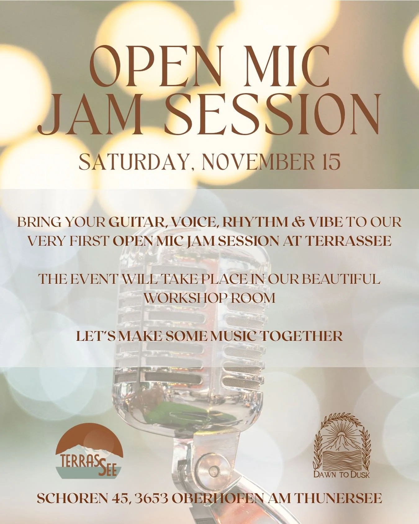 🎤✨ OPEN MIC / JAM SESSION ✨🎶
Saturday, November 15 at TerrasSee Winter Edition!
Bring your guitar, voice, rhythm &amp; vibe and join us for our very first Open Mic Jam Session in our cozy workshop room 🎸🥁🎙️

Let&rsquo;s create some music togethe