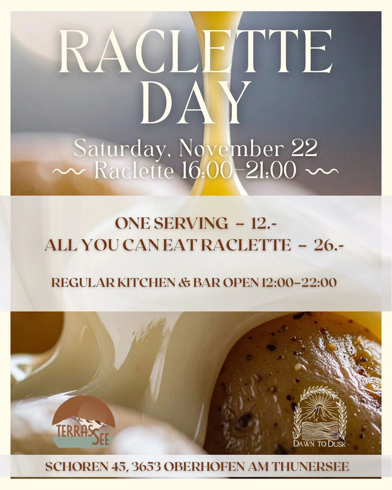 Raclette season has officially arrived 🧀✨
Join us on Saturday, November 22 for our first Raclette Day at TerrasSee Winter Edition!

We&rsquo;re serving classic &amp; muschroom raclette from 16:00&ndash;21:00🧀 Our regular kitchen &amp; bar are open 