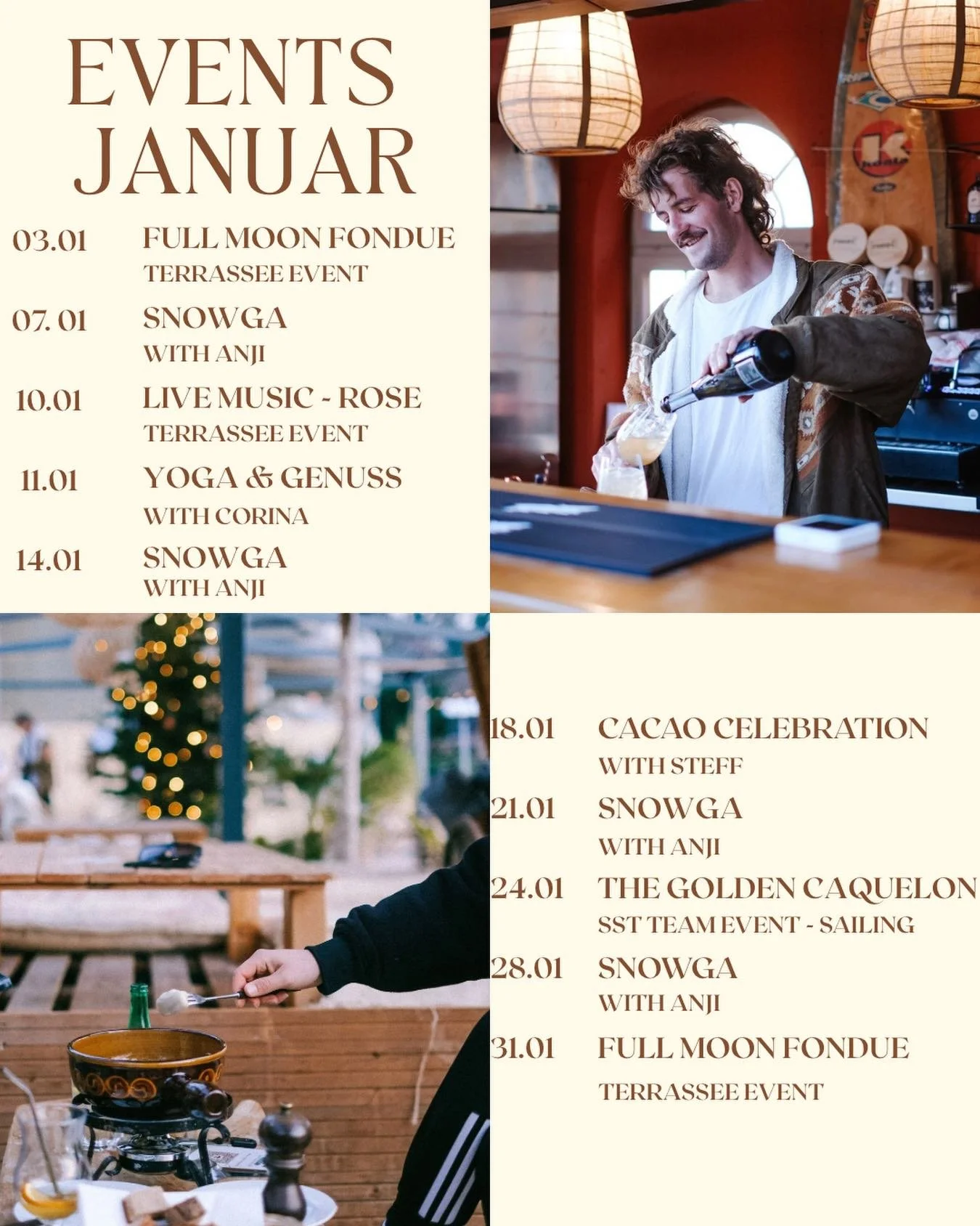 ✨ January Events on the Terrace ✨
A new year, cozy vibes, and fondue await ✨

From Full Moon Fondue nights and live music to Snowga, Yoga &amp; Genuss, and many more events.

Wrap up warm and join us at TerrasSee &ndash; Winter Edition 🌄🫕