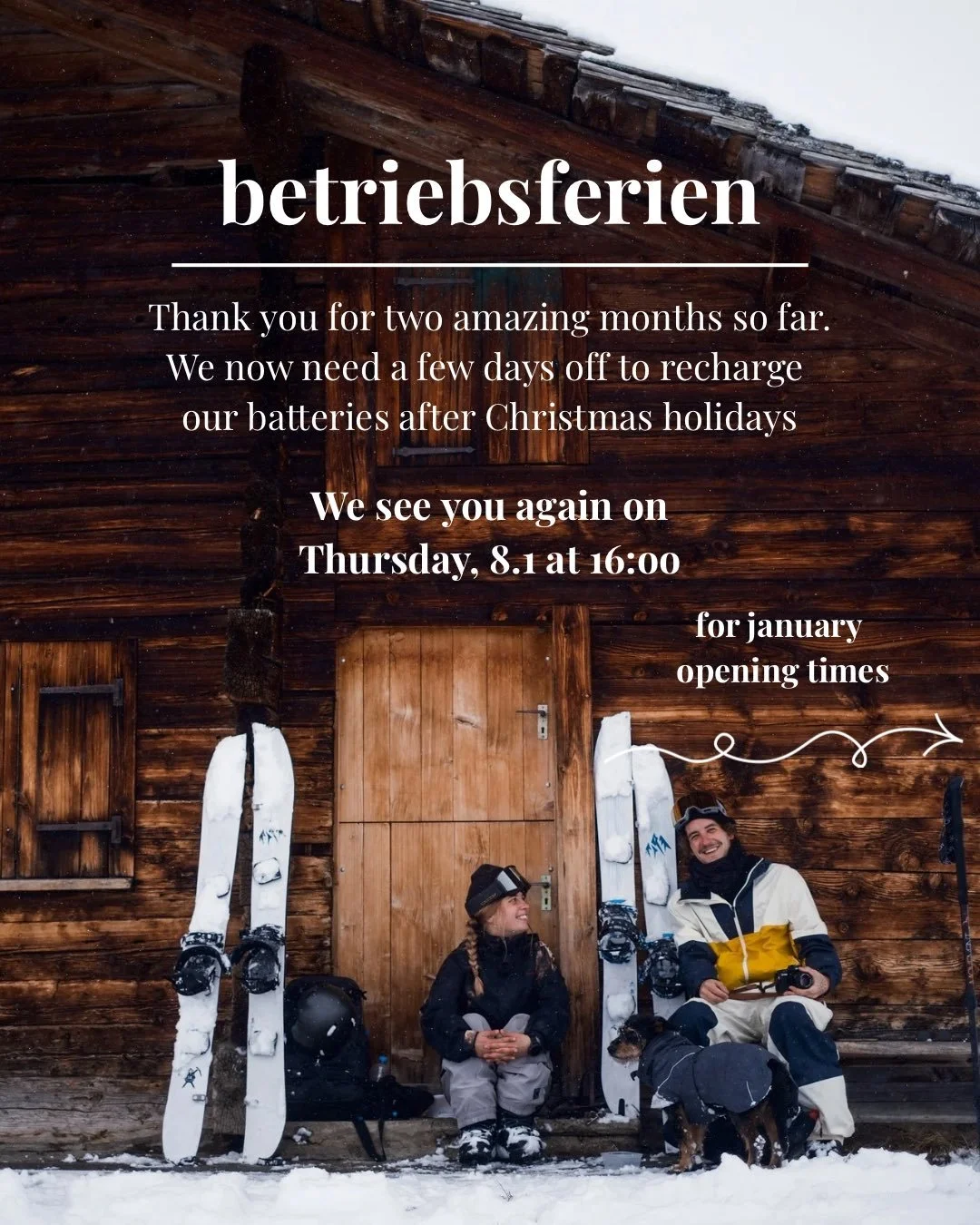 Two amazing months &mdash; thank you! 🤍
After the Christmas rush, we&rsquo;re taking a short break to recharge our batteries🔋❄️

We&rsquo;ll be back with fresh energy on Thursday, 8.1 at 16:00.

See you soon! ✨