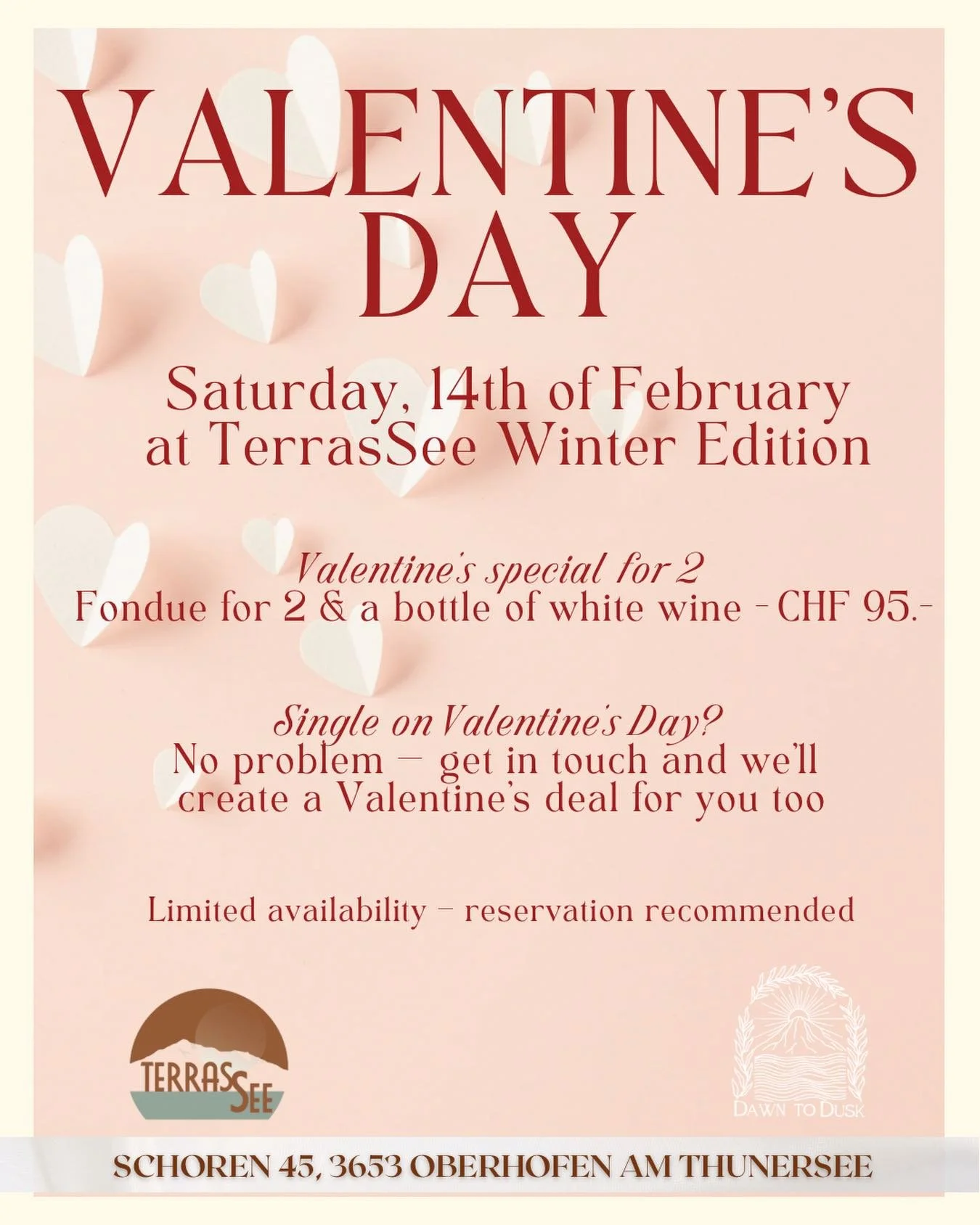 Couples, singles, cheese lovers &mdash; Valentine&rsquo;s Day is for everyone ✨🫕

Our Valentine&rsquo;s Special for 2 includes fondue and a bottle of white wine for CHF 95.&ndash;
Single on Valentine&rsquo;s Day? We&rsquo;ve got you covered &mdash; 
