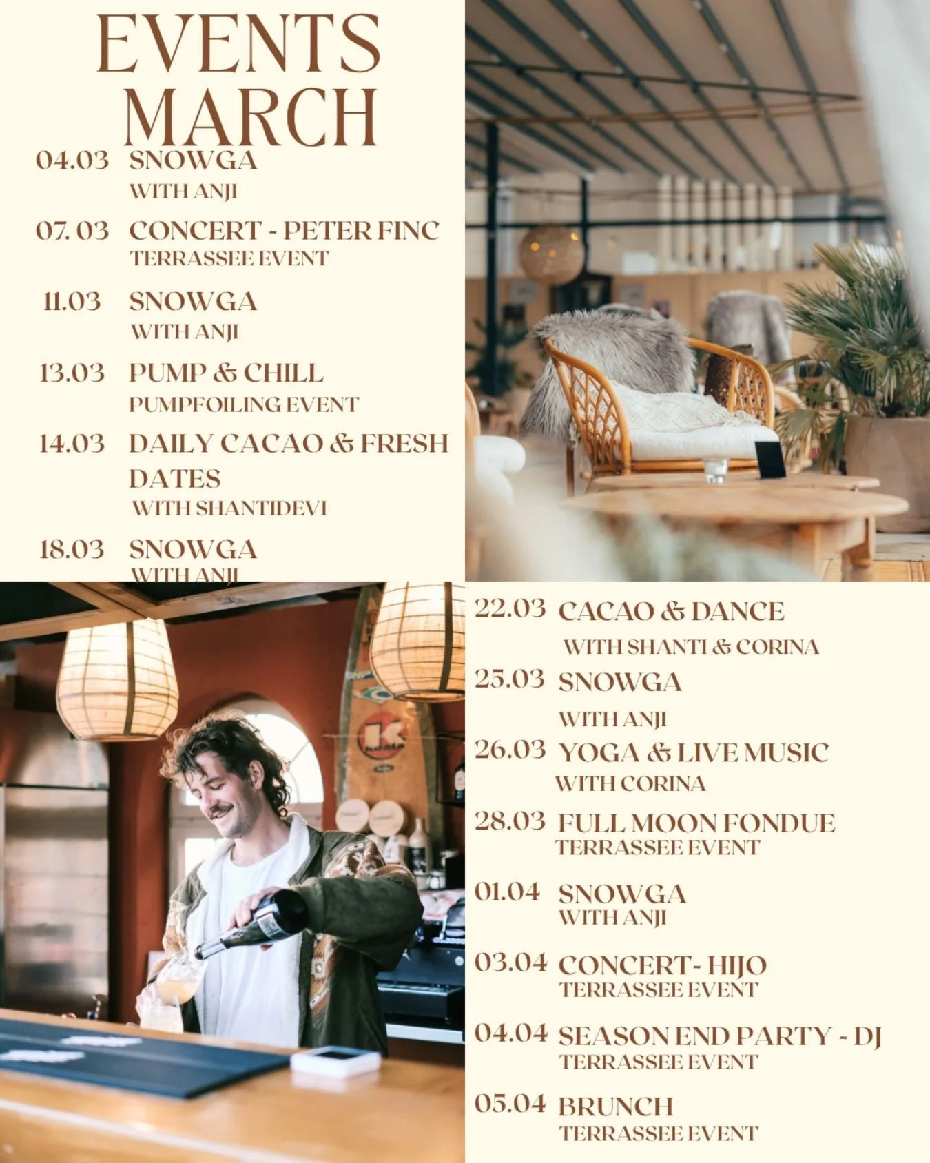 March is here &mdash; and with it our last month before a short break 🌞 

Join us for a beautiful lineup of concerts, yoga, cacao ceremonies, brunches and cozy March evenings to close this winter season together 🌿✨

After this month, we&rsquo;ll ta