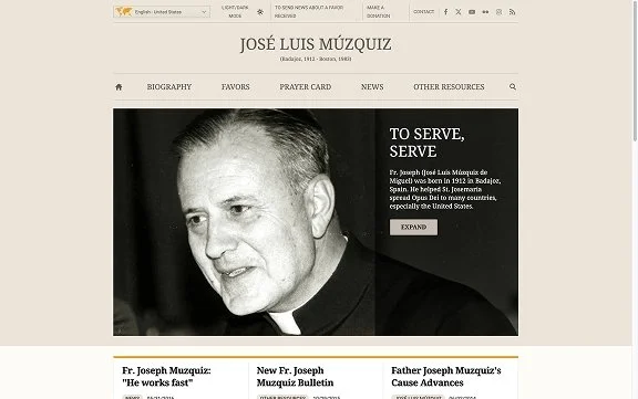 The website homepage of José Luis Muzquiz, featuring Father Joseph Muzquiz in clerical attire, with sections for biography, prayer card, news, and resources.