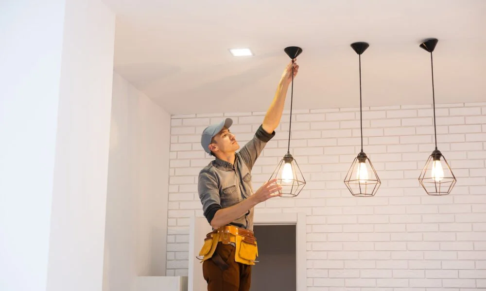 A man adjusting pendant light fixtures in a modern interior space with white brick walls.