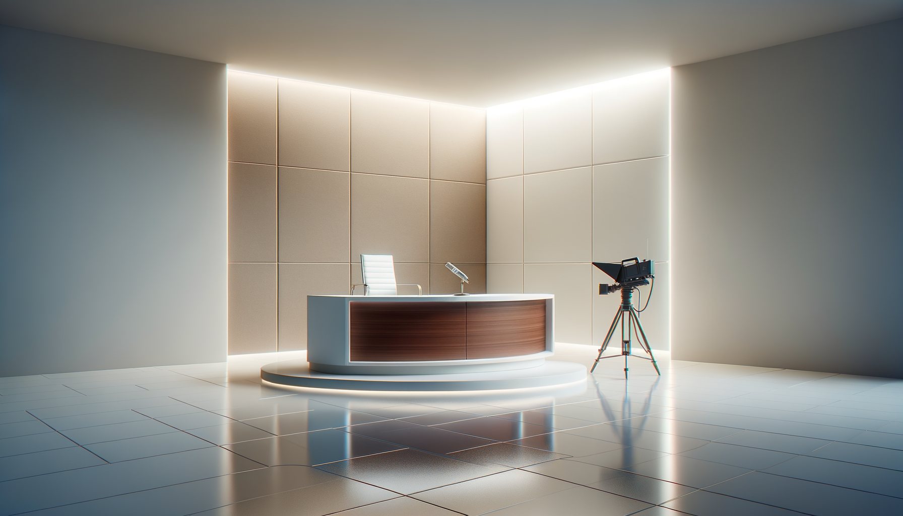 Empty modern television studio with a curved desk, a white chair, a camera on tripod, and soft backlighting