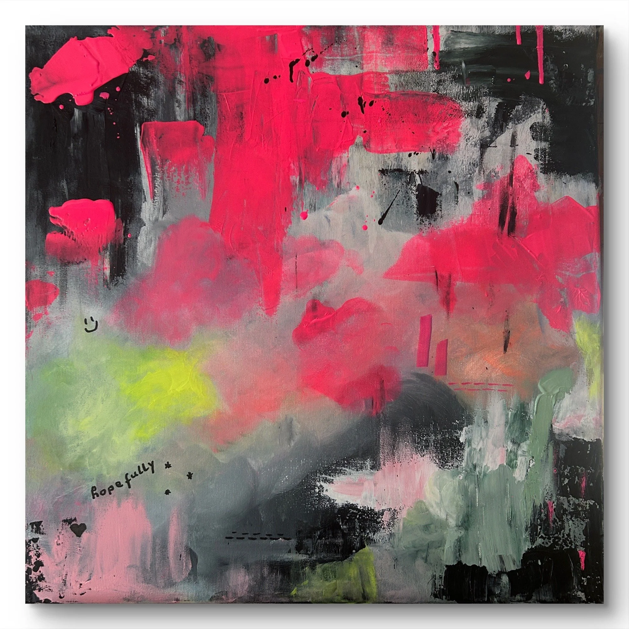 50 × 50 cm · HOPEFULLY ist eine bewusste Entscheidung. Nicht Optimismus um jeden Preis, sondern das Festhalten an der Möglichkeit, dass etwas Gutes entstehen kann.
AUSSTELLUNGSPREIS: 475€