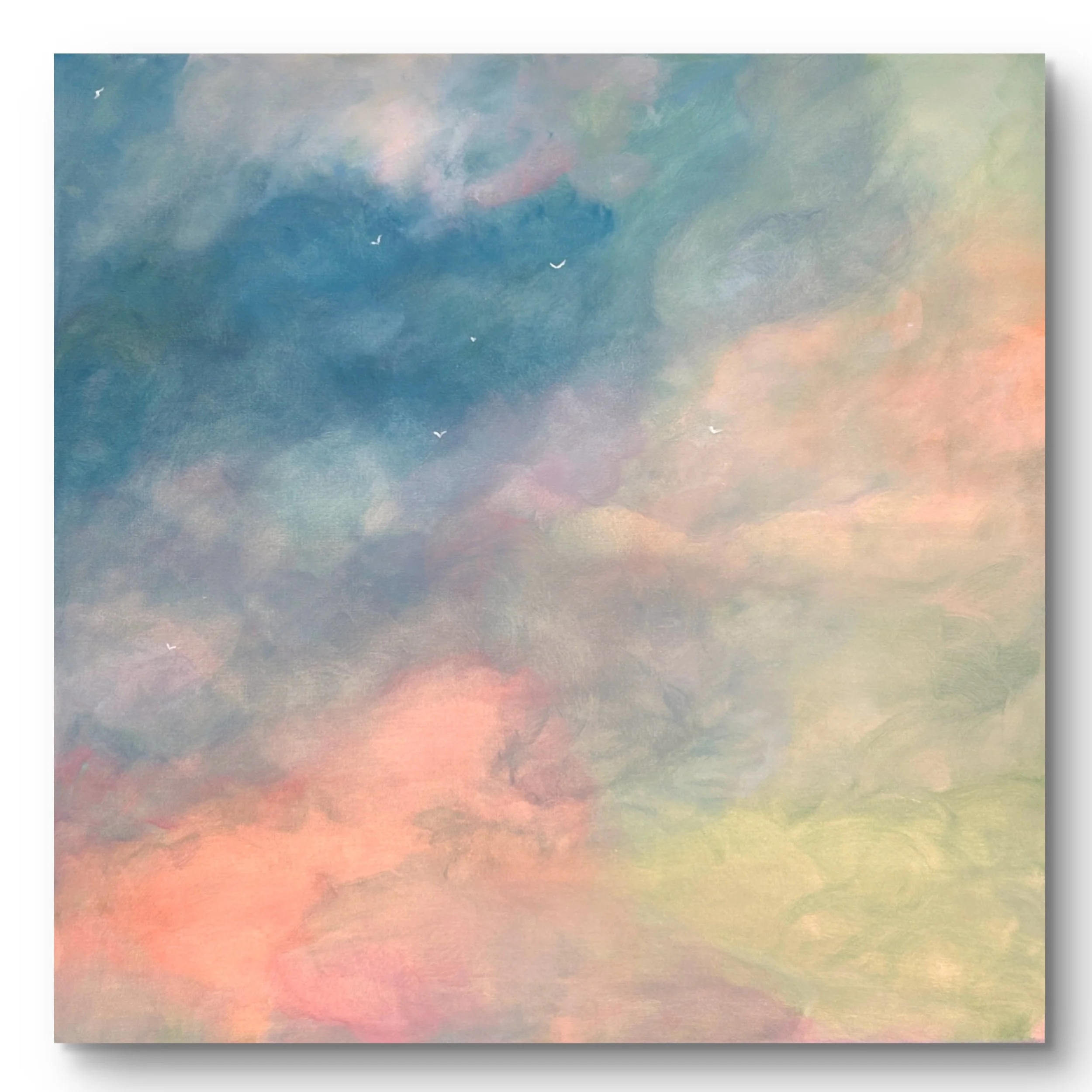Aquarellhimmel in Pastellfarben mit weißen Vögeln.