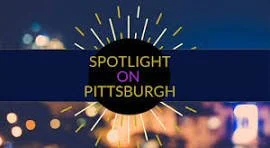 Graphic for a television show about top local experts in Pittsburgh, featuring a dark background with city lights and a black circle with the text 'Spotlight on Pittsburgh' and yellow accents.