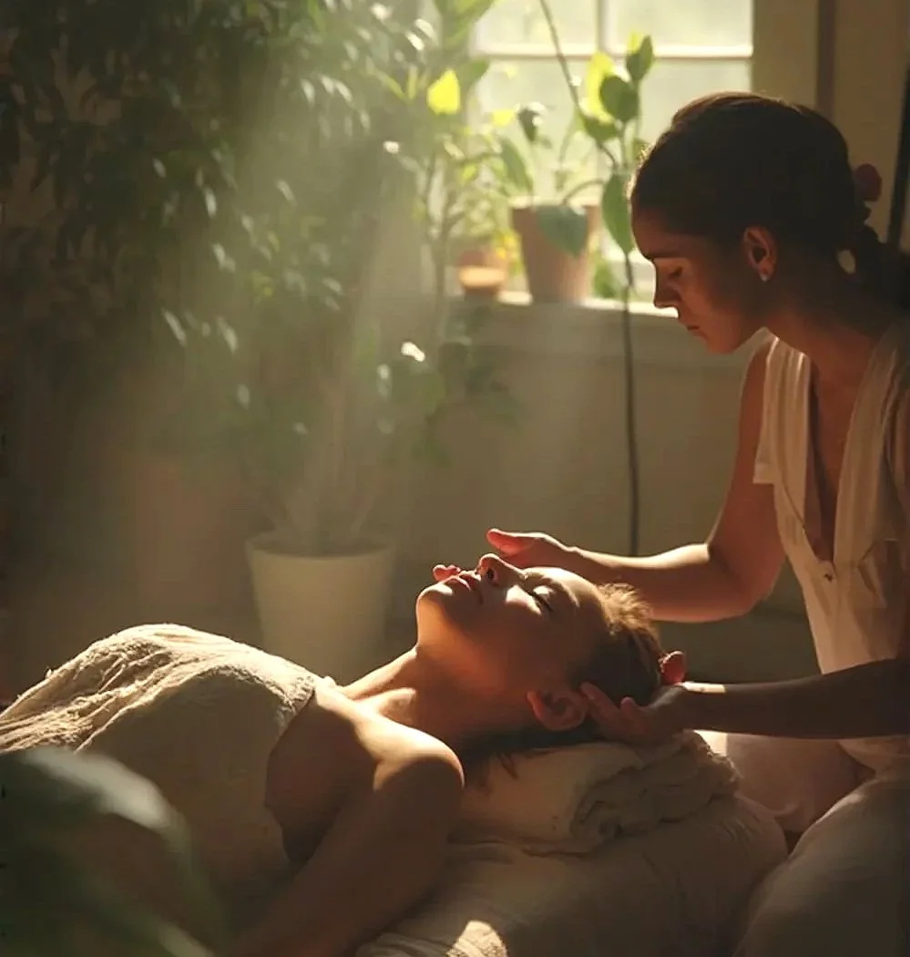 Une femme reçoit un massage facial dans un environnement calme avec lumière naturelle, entourée de plantes.
