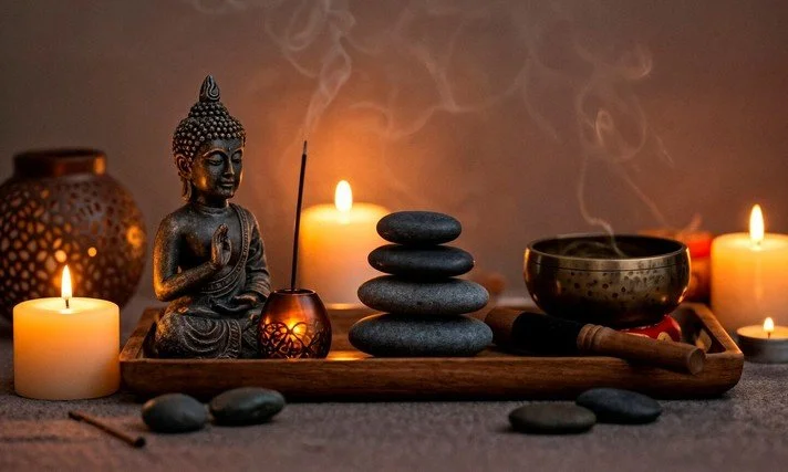 Une scène zen avec une statue de Bouddha en méditation, des bougies allumées, des pierres empilées, une bol chantant, et des éléments de décoration en arrière-plan.