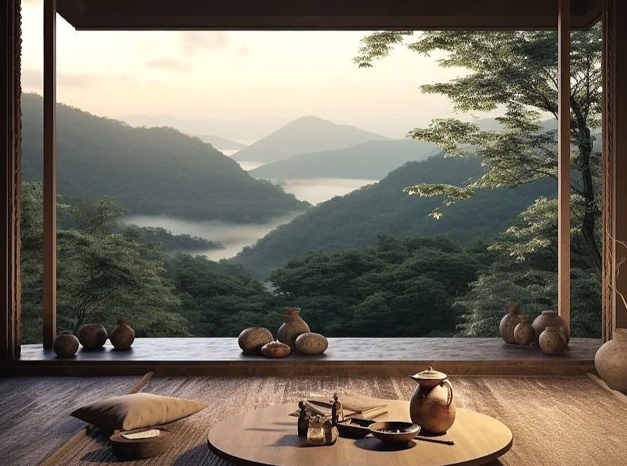 Vue panoramique sur des montagnes verdoyantes à travers une grande baie vitrée, avec des poteries décoratives sur le rebord de la fenêtre, dans une pièce au mobilier minimaliste et naturel.
