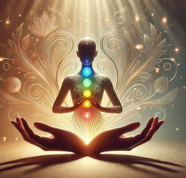 Une silhouette humaine en position de méditation avec sept chakras alignés sur le centre du corps, entourée de motifs floraux et de lumières dorées, symbolisant l'énergie spirituelle.