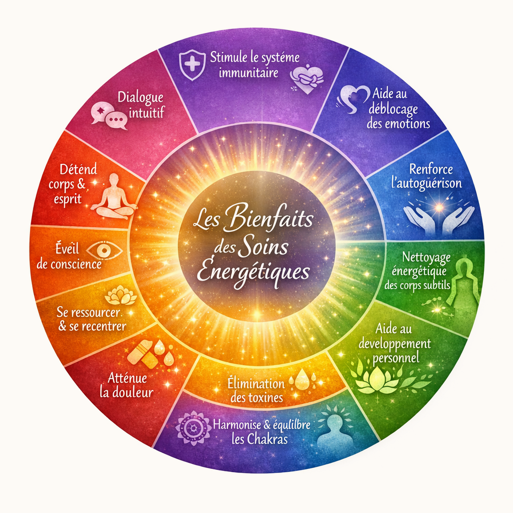 Diagramme circulaire illustrant les bienfaits des soins énergétiques, avec des sections codées en couleurs représentant différentes pratiques et avantages.