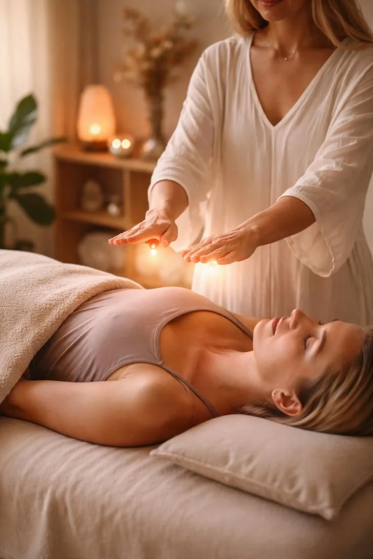 Une femme reçoit une séance de Reiki ou de thérapie énergétique, allongée sur un lit, tandis qu'une praticienne en robe blanche place ses mains au-dessus de son corps dans un environnement calme et chaleureux.