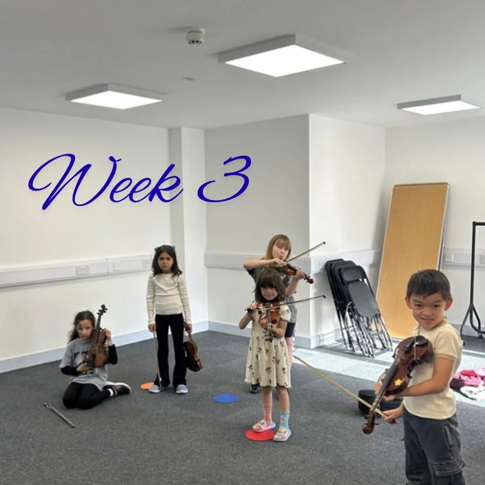 Week 3 post features our youngest students in the first session of the day, working on foundational technique using open strings! Can you tell they worked hard?!