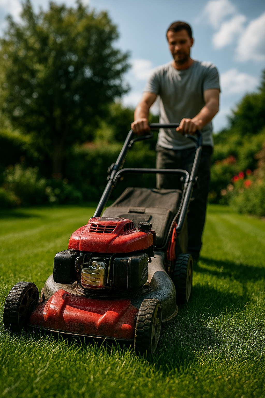 Ein Mann mäht den Rasen mit einem roten Rasenmäher im Garten bei sonnigem Himmel.
