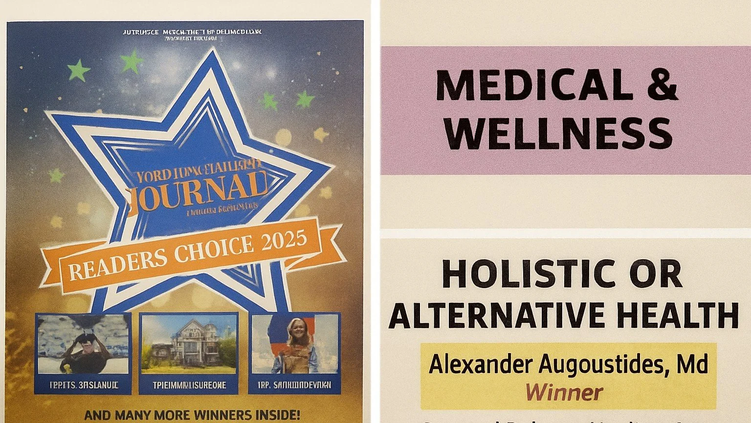 The image shows a poster with a large star design and the words "Readers Choice 2025" and "Journal" on it. It highlights winners with photos of three individuals below. The right side features a sign reading "Medical & Wellness, Holistic or Alternative Health" and the name "Alexander Augustides, Md" with the word "Winner".