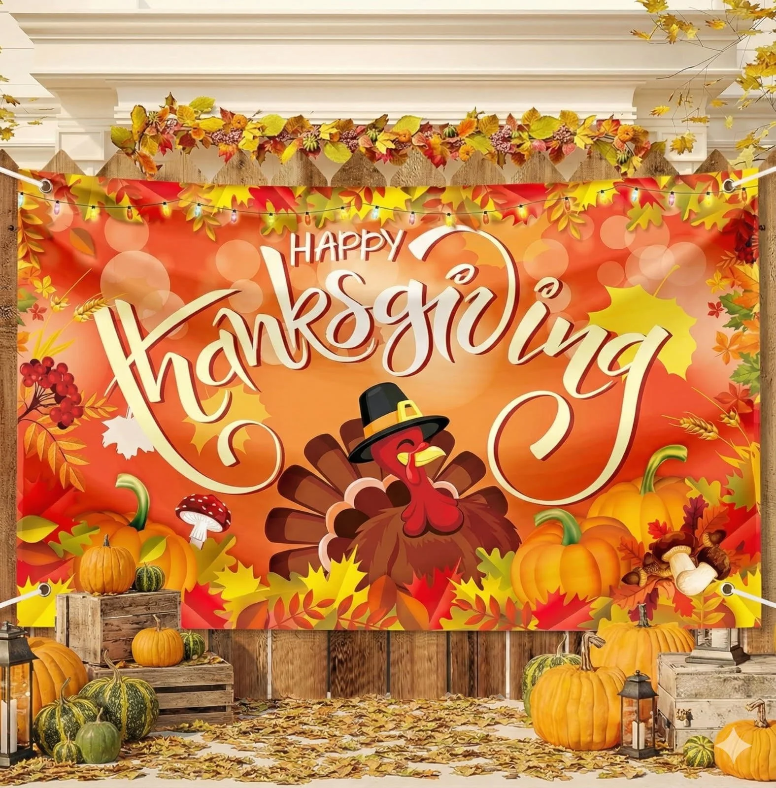 Decorative Thanksgiving banner with seasonal pumpkins, gourds, leaves, and harvest-themed decorations, featuring a cartoon turkey wearing a pilgrim hat and the text 'Happy Thanksgiving'.