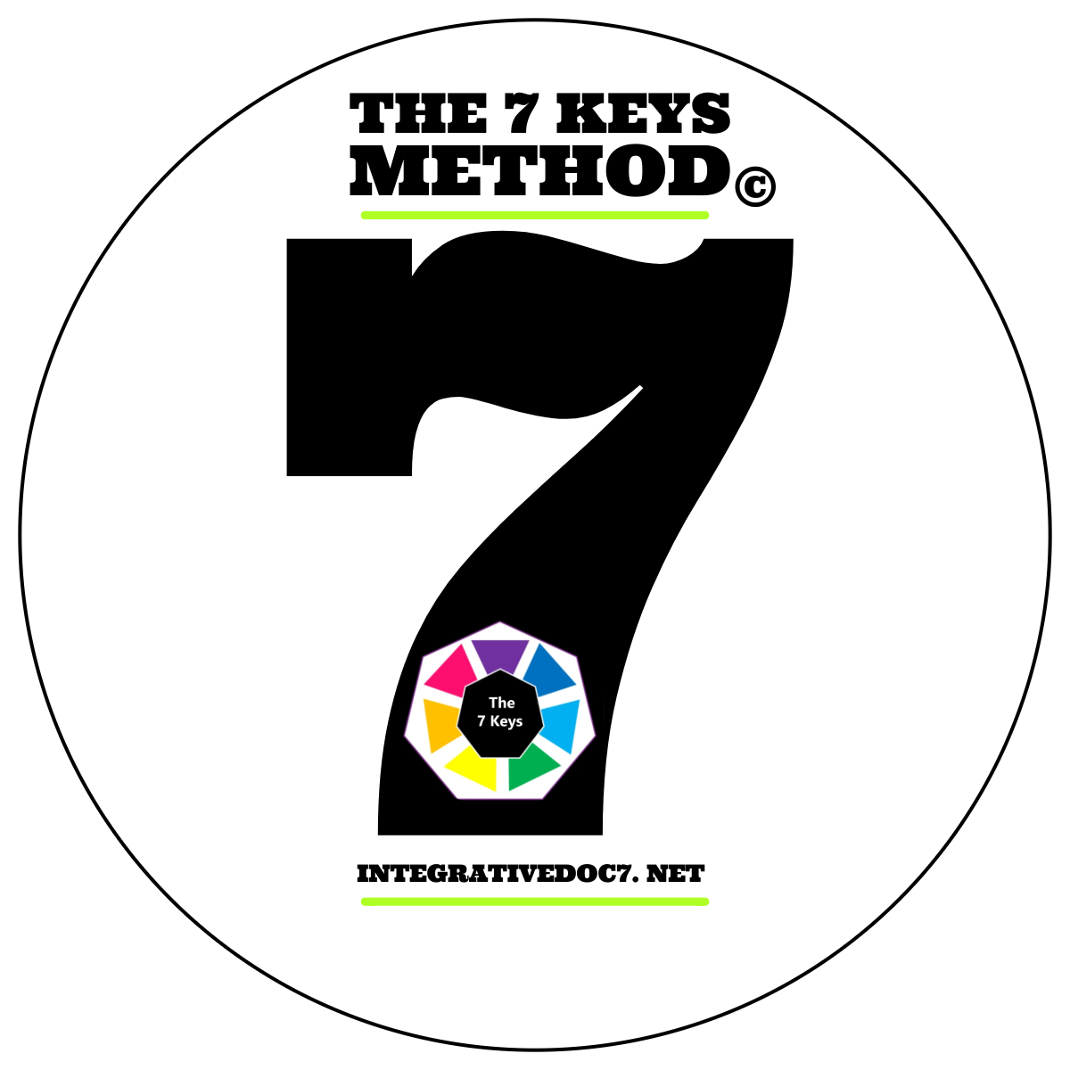 A circular logo with a large black number 7 in the center, a smaller black circle inside the 7 with colored segments, and text that says 'The 7 Keys Method' at the top and 'integrativeduc7.net' at the bottom, highlighting a method and website.