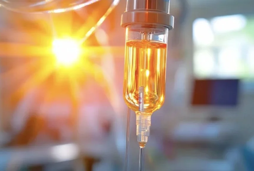 An intravenous (IV) drip filled with orange liquid hangs in a medical setting, with sunlight shining in the background.