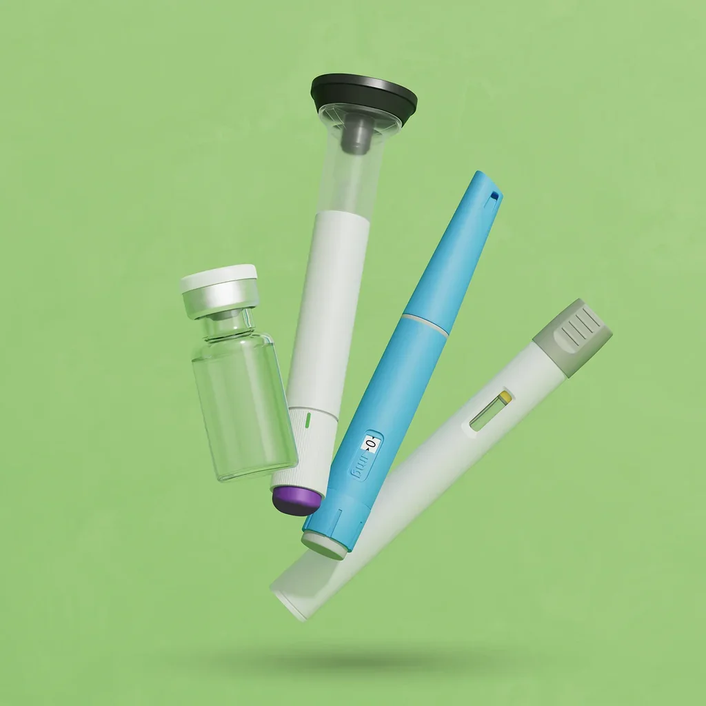 Various inhalers and medication bottles on a green background.