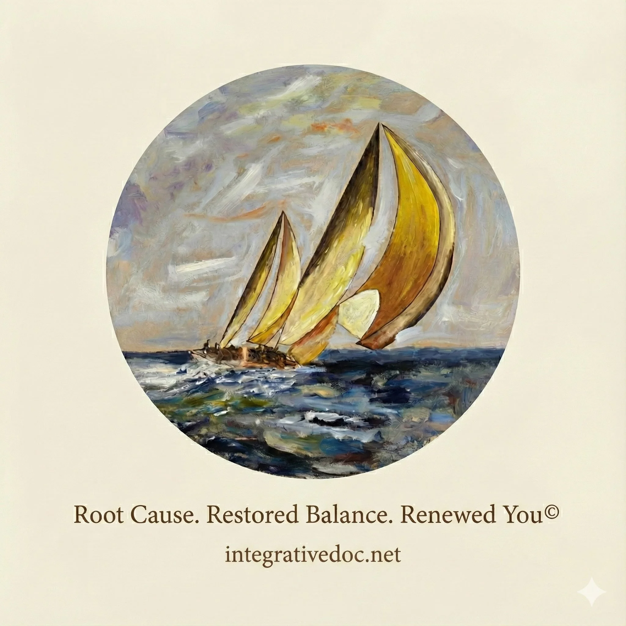 Poster with snowy mountain, sailboats on the water, and abstract background, promoting root cause restoration and balance in health.