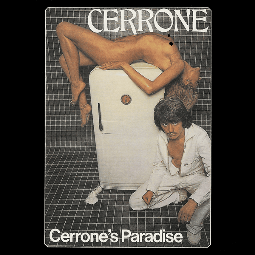An album cover featuring a woman lying nude on her back with her head hanging off a white refrigerator, and a man crouching next to her. The background consists of black tiles with white grid lines. The album title is "Cerrone's Paradise" with "CERRONE" written at the top.