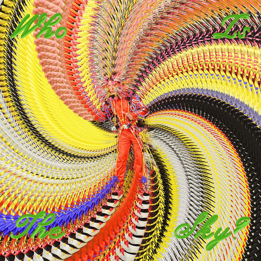 A person wearing an elaborate, colorful costume with large, ornate feathered headpiece and wings, standing amidst a vibrant, swirling pattern of feathers in yellow, pink, black, white, and blue. The image contains the text "Who" at the top left, "Luz" at the top right, and "They" at the bottom right in green cursive font.