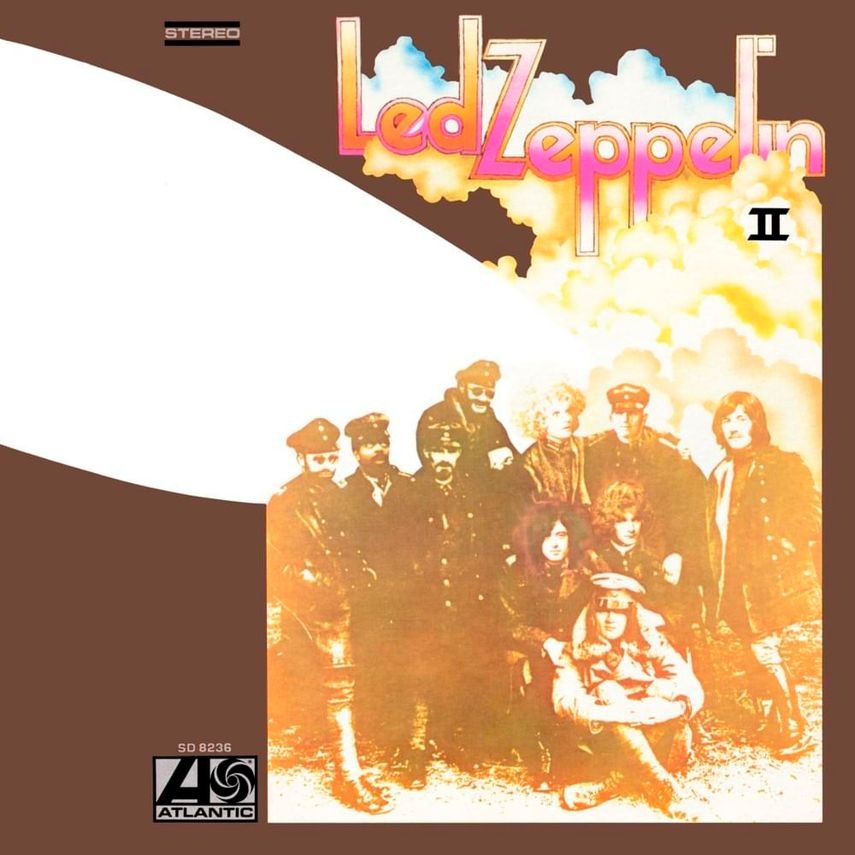 Album cover for Led Zeppelin II featuring a sepia-toned photo of the band members with clouds and colorful text of the band name at the top.