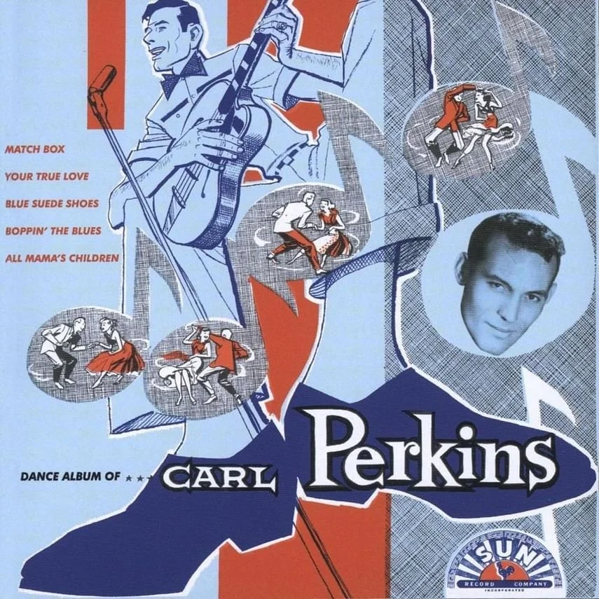 Album cover for Carl Perkins' dance album. Features a blue, white, and orange illustrated silhouette of Perkins playing guitar, with smaller illustrations of couples dancing in circles. A black and white photo of Carl Perkins' face is in the background. Song titles include 'Match Box,' 'Your True Love,' and 'Blue Suede Shoes.'