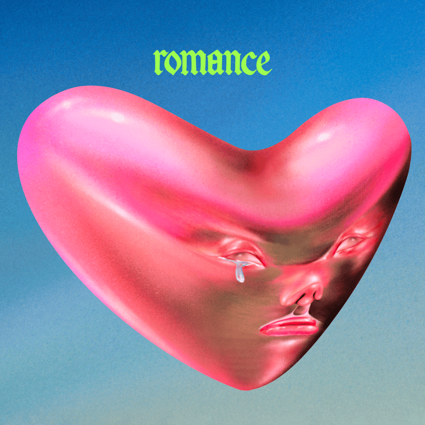A pink heart with a human face, including a nose and lips, appears to be crying, set against a blue background with the word 'romance' written above in green.