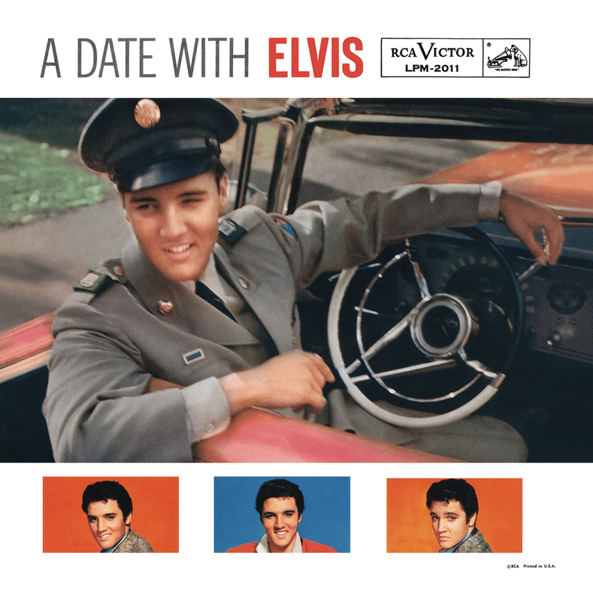 The album cover titled "A Date with Elvis" features a young man in a gray military uniform, likely Elvis Presley, sitting in a vintage car and smiling at the camera. The top section shows the album title and RCA Victor branding, and the bottom includes three smaller photos of Elvis Presley with different backgrounds.