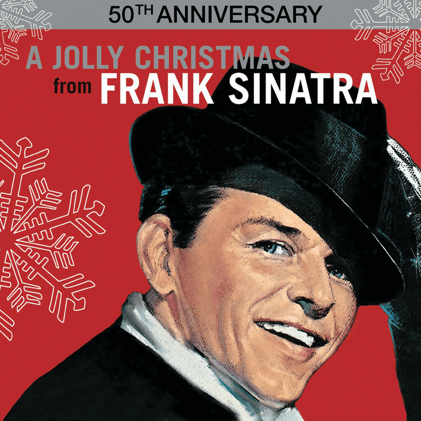 Album cover celebrating Frank Sinatra's 50th anniversary with a festive red background, snowflakes, and a portrait of Frank Sinatra wearing a black hat and smiling.