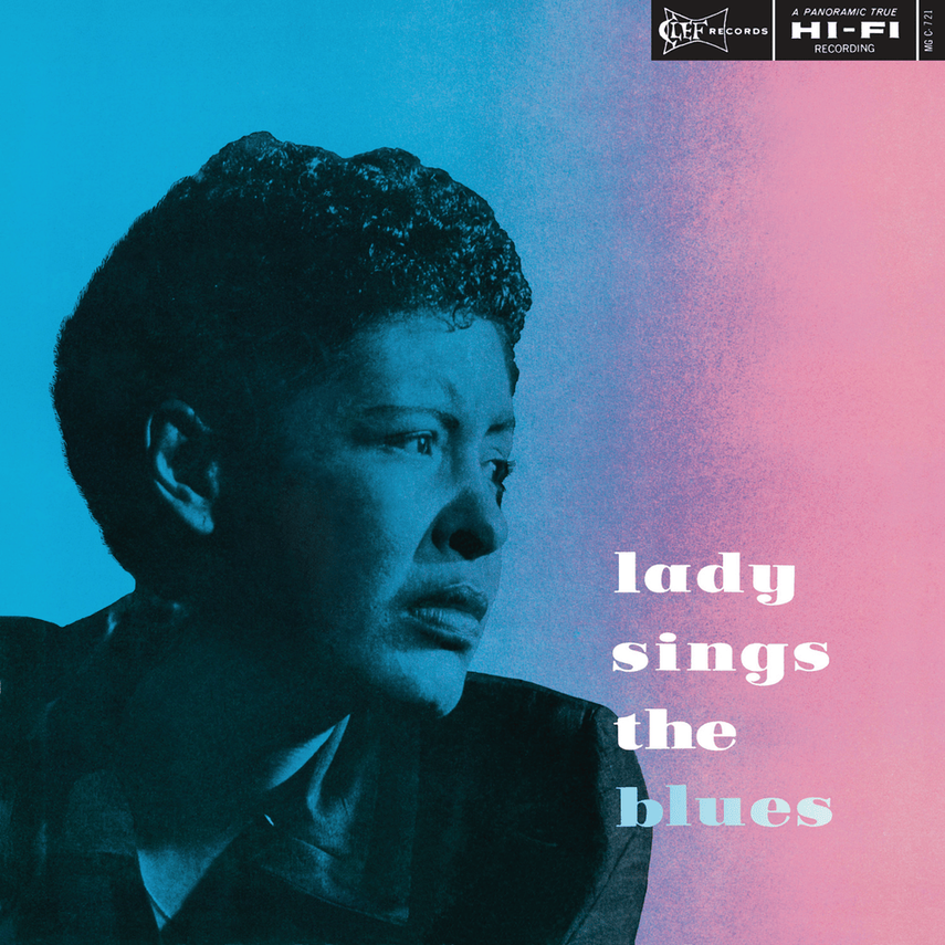 Close-up of a woman with short curly hair looking to the side, with a gradient blue and pink background. The text reads 'lady sings the blues' and there are record labels in the top right corner.