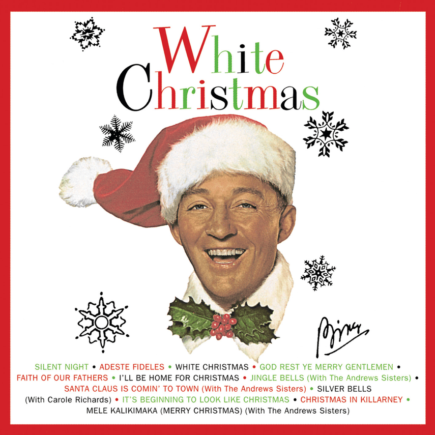 Cover of a Christmas album titled 'White Christmas' with a man wearing a Santa hat, holly, and a white background with snowflakes.