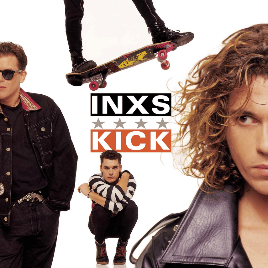 Album cover for the band INXS's album 'Kick' featuring four band members, a skateboarder above, and the album title.