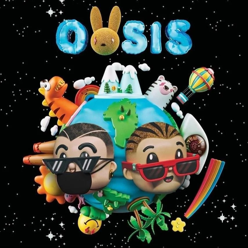 Colorful cartoon-style illustration of Earth with two main characters wearing sunglasses, surrounded by various animals, mountains, rainbow, and space elements, with the text 'D.O.S.I.S' at the top.