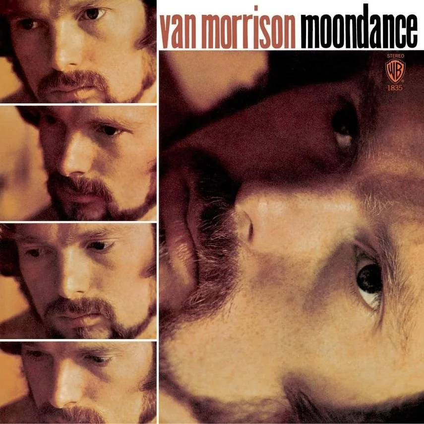Album cover of Van Morrison's 'Moondance' featuring multiple close-up images of Van Morrison's face, with the title and artist's name at the top.