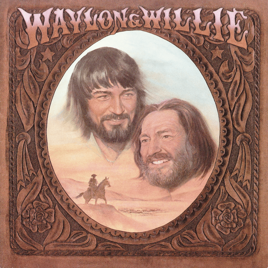 Illustration of two men with long hair and beards, surrounded by a Western-style desert scene with a cowboy on a horse, and decorative floral and scroll patterns framing the image. The text at the top reads 'Waylon & Willie'.