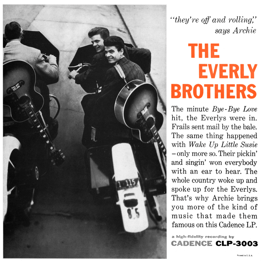 Black and white photo of The Everly Brothers with two guitars, smiling and sitting on mailboxes, with a man partially visible on the left playing guitar, and a quote from Archie in the top right corner. The text promotes a high-fidelity recording by Cadence.
