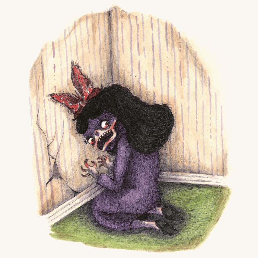 A purple-skinned cartoon character with black hair, bunny ears, and black shoes, kneeling and frightened in a corner of a room with cracked wood-paneled walls and green carpet, appearing scared and distressed.