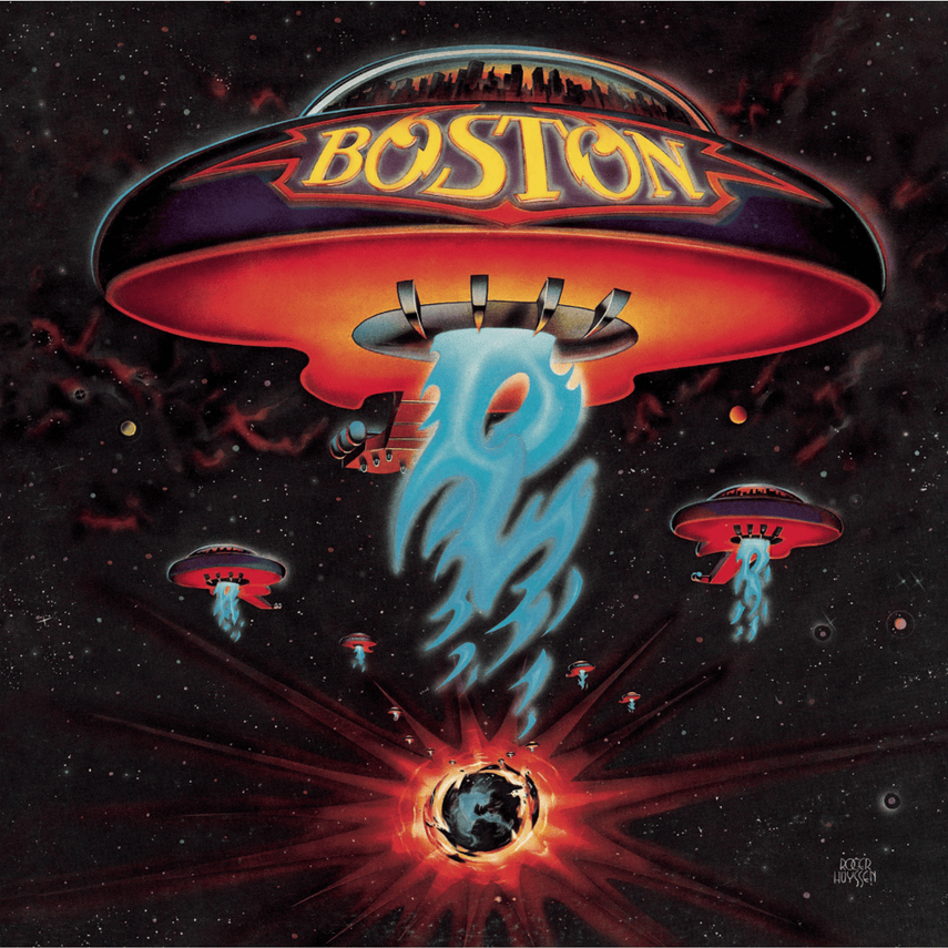 A surreal painting of UFOs in space with the word 'BOSTON' on a large central UFO emitting blue flames downwards, against a starry space background with a glowing Earth at the bottom.