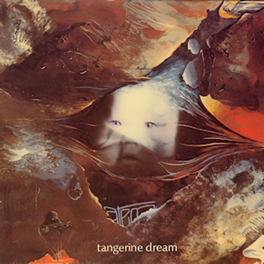 An artistic landscape with mountains and water, featuring a hidden face of a child or a woman with a serene expression, embedded in the water reflection. The scene has warm sunset colors, and the text "tangerine dream" is at the bottom.