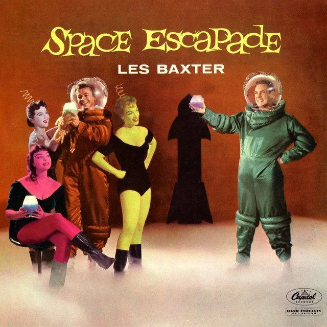 A vintage movie poster titled 'Space Escapade' featuring five characters in colorful costumes and space helmets, with a reddish-brown background and the names 'Les Baxter' and 'Capitol Records' at the bottom right.