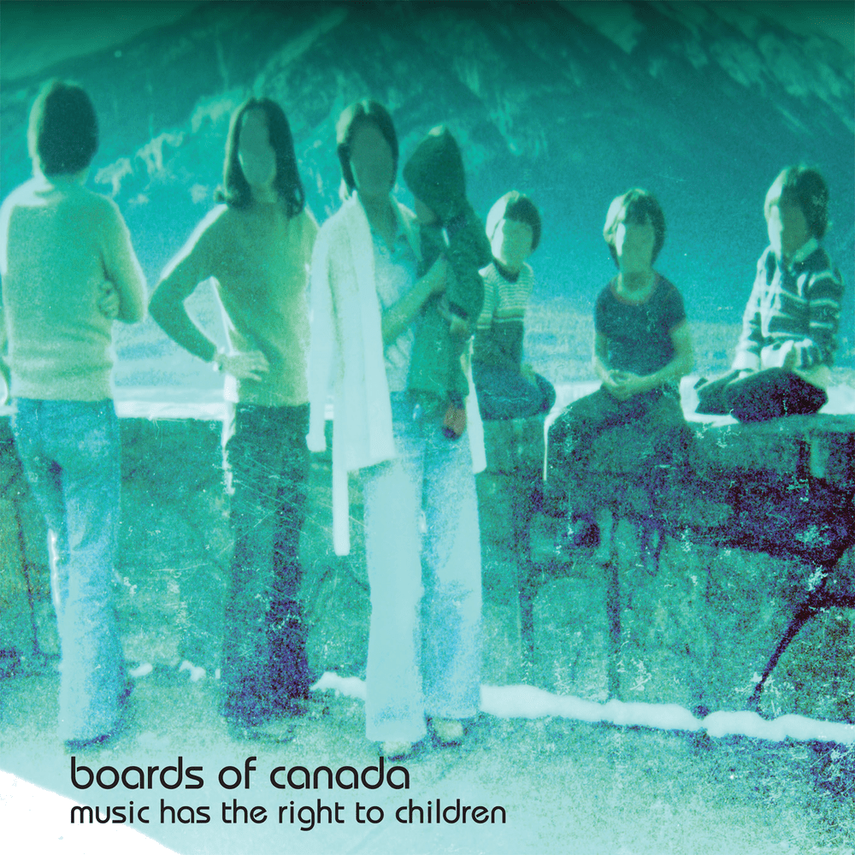 Six children and a woman next to a stone railing overlooking a mountainous landscape, with a vintage-style filter, on the album cover for "Boards of Canada: Music Has the Right to Children."