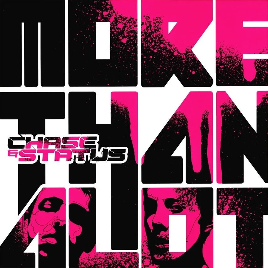 Graphic with black, white, and pink colors, featuring stylized text that says 'MORE THAN ALOT' and 'CHASE STATUS' along with abstract faces of women.