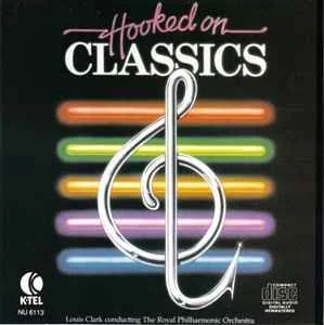 Album cover titled 'Hooked on Classics' with a large treble clef symbol and colorful neon horizontal lines.